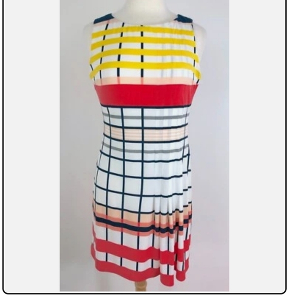 Donna Morgan Colorful Striped, Side Pleated Sleeveless Dress - Picture 2 of 7